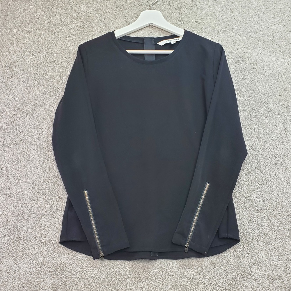 Uniqlo Carine Roitfeld Paris Blouse‎ Top Womens Medium Black Round Neck Back Zip